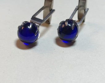 Vintage cobalt blue cuff links, acrylic cabochons and silvertone metal, mid century cuff links, mens jewelry, formal wear 1950s-60s, E262