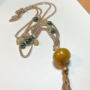 Vintage beaded tassel pendant, 26 inch long two strand chain necklace, goldtone metal , faux pearls, yellow, 1960s-70s  NP5268