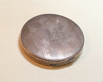 Vintage Art Deco powder compact monogrammed RFJ, silvertone metal, mirror in lid, with jeweler's box, silver compact, 1930s-40s  C462