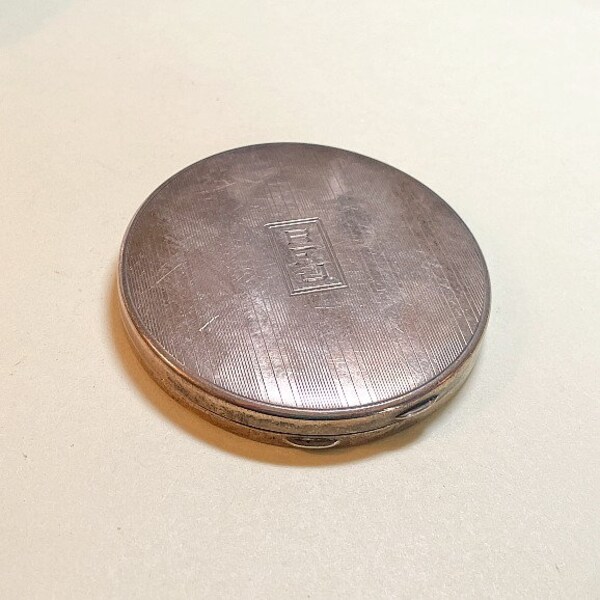 Vintage Art Deco powder compact monogrammed RFJ, silvertone metal, mirror in lid, with jeweler's box, silver compact, 1930s-40s  C462