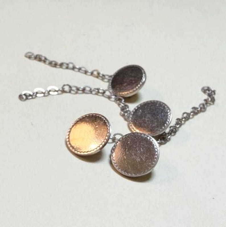 Four Vintage Little Round Pins With Chain, Silvertone Metal, Engravable ...