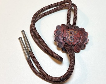 Vintage tooled leather bolo tie, monogram letter F, brown nylon laces, silvertone metal tips, cowboy bolo tie, rockabilly bolo tie, M6251