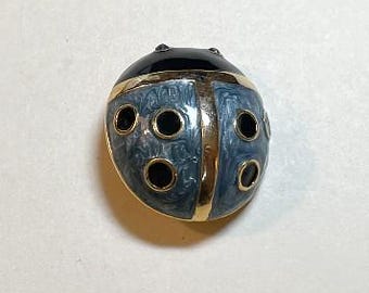 Vintage enamel ladybug brooch, goldtone metal, black and swirly blue enamel, purple rhinestone eyes, big pin  PA7134