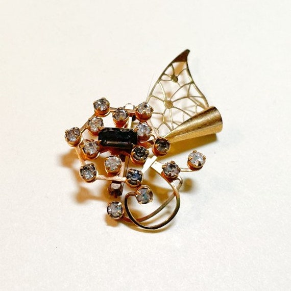 Vintage atomic rhinestone brooch, goldtone metal … - image 2