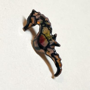 Vintage seahorse tie tack or lapel pin, copper with colorful enamel, goldtone metal clutch back, figural, 1960s-70s  ME7278