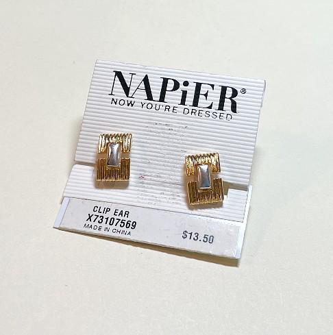 Vintage Napier clip earrings on the original card, goldtone and silvertone metal, Napier earrings, small, tailored, classic  E21313