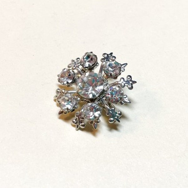 Vintage small atomic snowflake brooch, silvertone metal with clear rhinestones, rhinestone pin, rhinestone atomic brooch, 1950s-60s  P6271