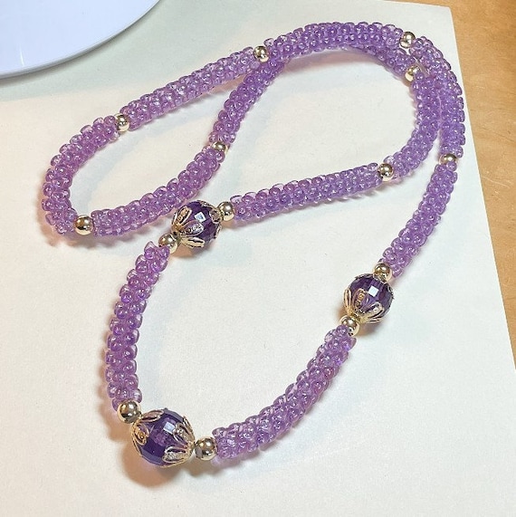 Vintage purple plastic tri bead necklace, 36 inche