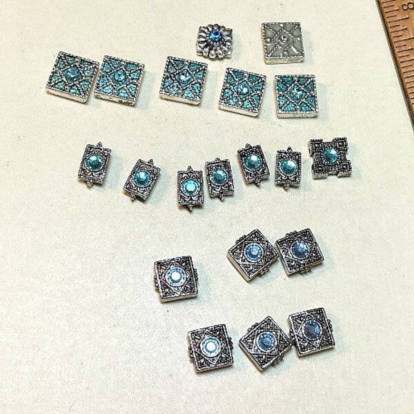 Destash Swarovski crystal slider bead lot, 20 pieces, silvertone metal, blue and turquoise crystals, double drilled, two holes, B4172