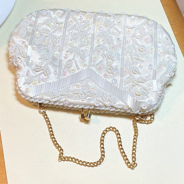 Vintage off white beaded and sequined clutch evening bag handmade in Hong Kong, kiss lock, optional chain strap, 1950s-60s  C4113