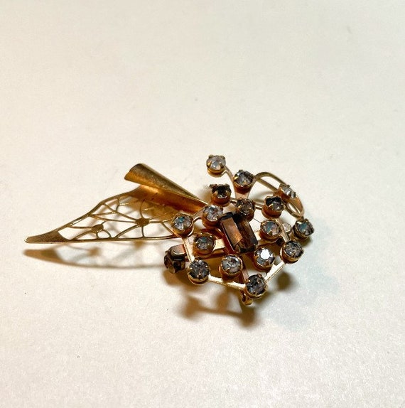 Vintage atomic rhinestone brooch, goldtone metal … - image 4