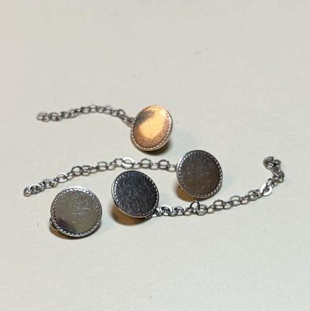 Four Vintage Little Round Pins With Chain, Silvertone Metal, Engravable ...
