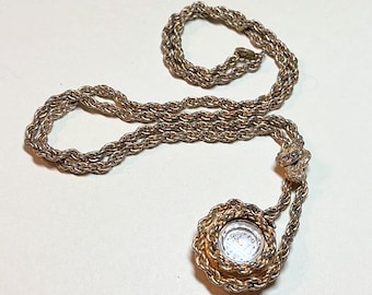 Vintage shabby Milber watch pendant As Is Not Working, 24 inch chain, faded goldtone metal, 1960s-70s  NP4113