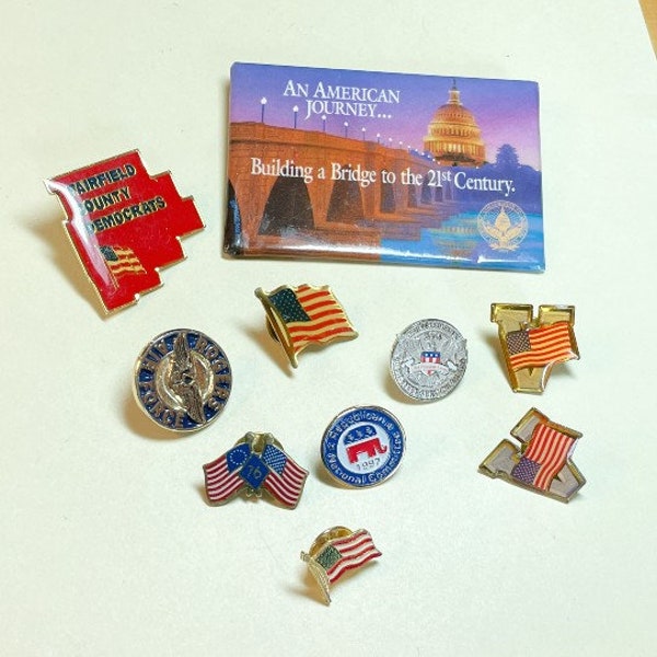 Lot of ten vintage pins, USA, flag, patriotic, and political themes, Democrats, Replubicans, Air Force, enamel, LD486