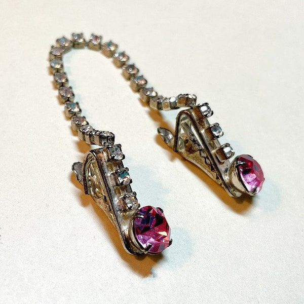 Vintage rhinestone sweater clips, silvertone metal with prong set pink and clear rhinestones, cardigan clips, collar clips, 1950s-60s  MI381