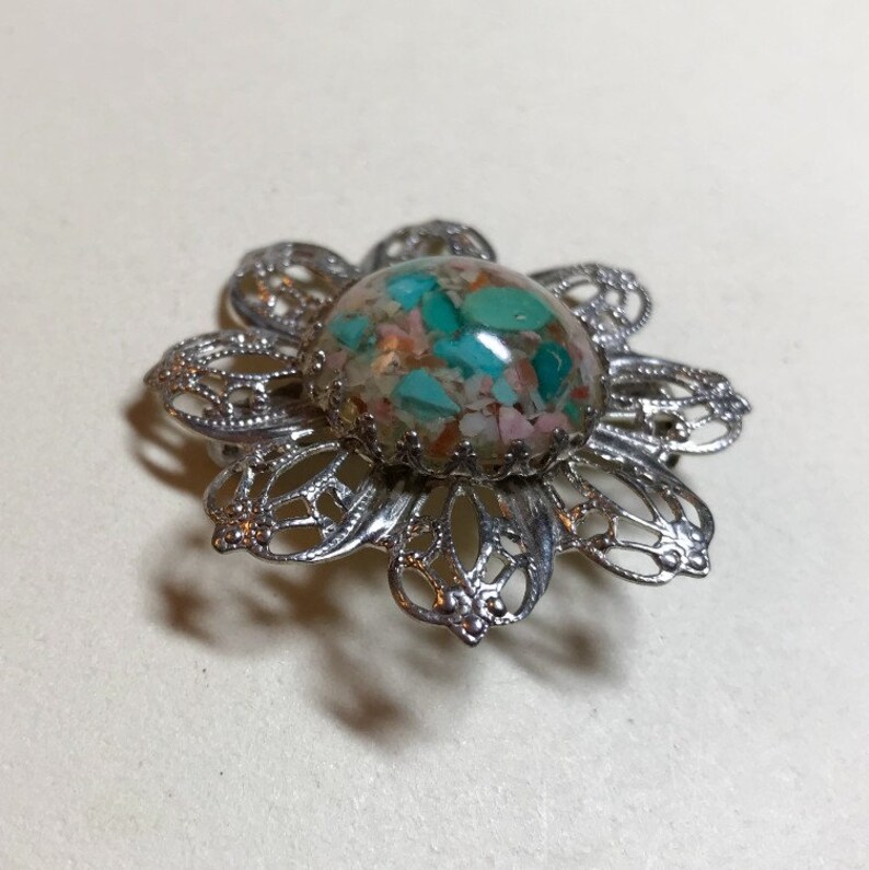lucite brooch turquoise brooch circle brooch Vintage filigree brooch with turquoise lucite cabochon center 1960s-70s silvertone metal