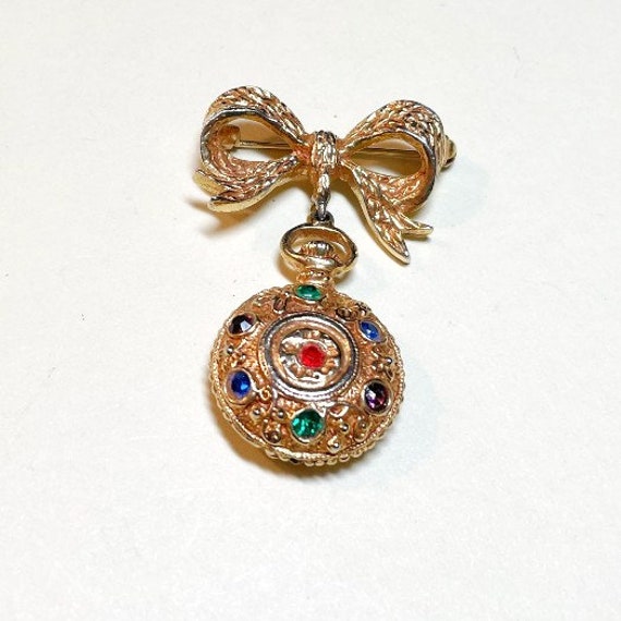 Vintage faux pocket watch brooch, goldtone metal … - image 1