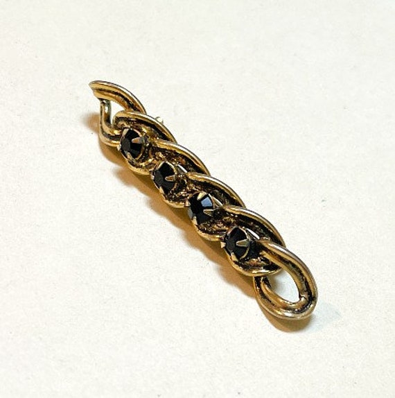 Vintage chain link design bar brooch with black r… - image 3