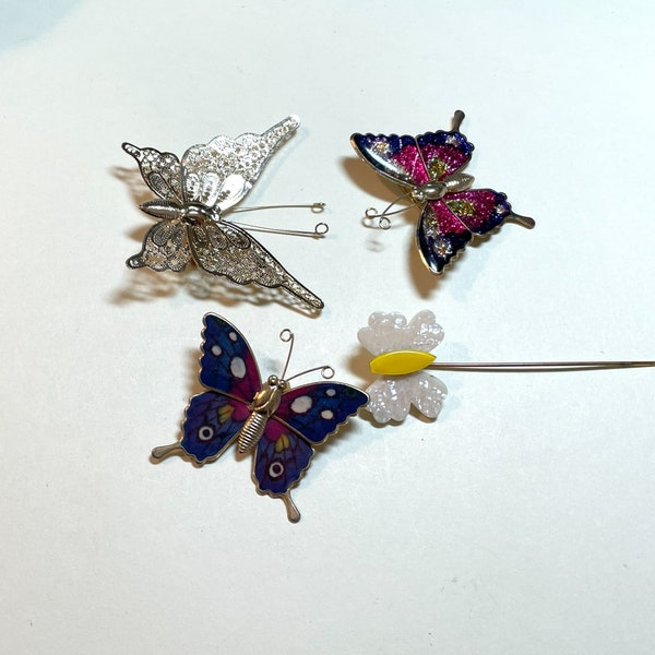 Four vintage butterfly brooches, goldtone metal, colorful enamel, filigree, plastic stickpin, butterfly pin lot, P1062