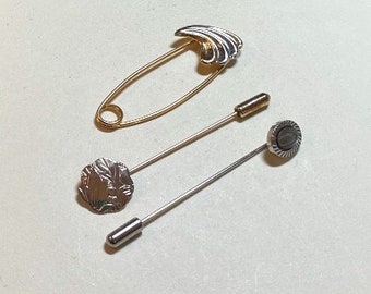 Lot of three vintage pins, two stick pins, one kilt pin safety pin, goldtone and silvertone metal, abalone, stick pin lot, 1970s-80s  P3182