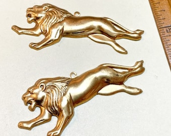 Vintage supply 2 pieces brass stamping large lion pendant, goldtone brass metal, 1 1/4 inches by 3 1/4 inches, loop, vintage stamping BS2172