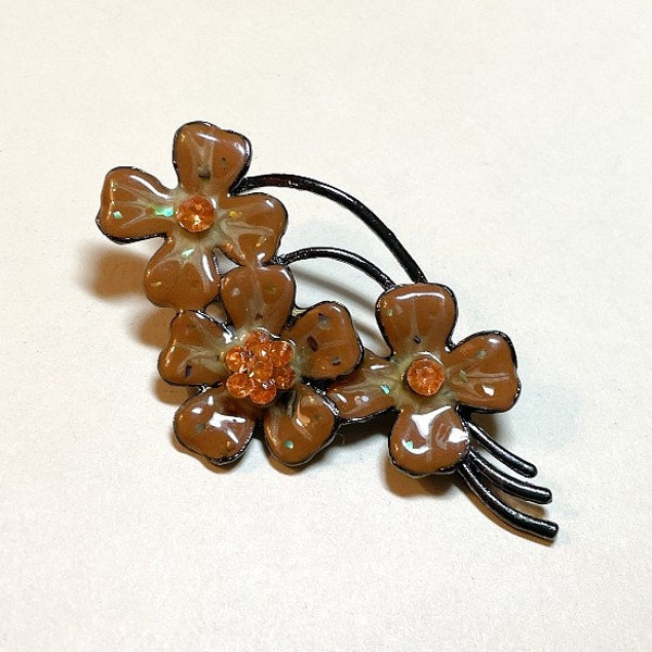 Vintage enamel flower brooch, gunmetal with brown enamel and orange rhinestones, brown flower brooch, earthtone pin, PFR511