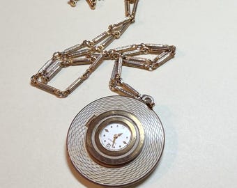 Vintage Caravelle watch pendant As Is Not Working, 24 inch chain, faded goldtone metal, 1960s  NP4222