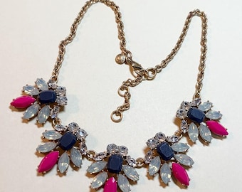 Vintage J Crew statement necklace, 17 to 19 inches, goldtone metal, acrylic gems, colorful  NC4294