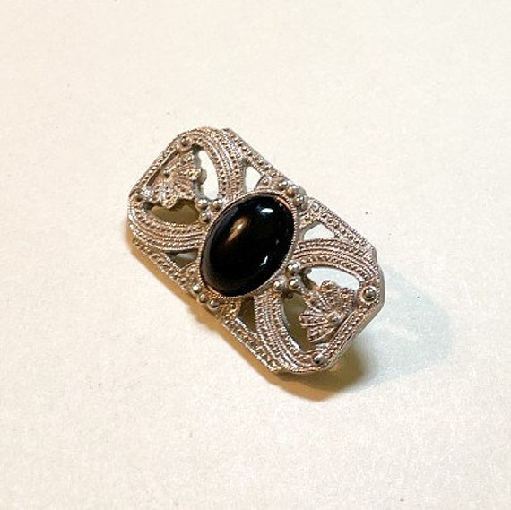 Vintage deco style brooch with black oval cabocho… - image 3