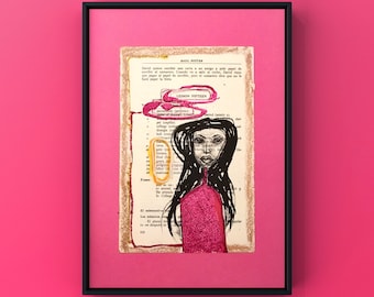 Original WOMAN INK Drawing Inspirational Woman drawing Nurishing Art Gift message from the Heart Art Shiny Pink Woman Drawing . A4.