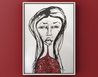 Shiny RED numbers | A3 | Original INK drawing | UNIQUE ink drawing | Shiny Woman | contemporary art | Abstracts | One of a kind