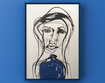 Original WOMAN Drawing _ UNIQUE Beautiful Shiny Woman Ink Woman Drawing Blue Shiny Woman One Piece Handcrafted Drawing