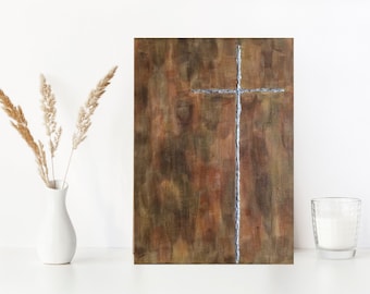 Textured Silver Cross Painting: Religious Acrylic Artwork, 9x12 Canvas