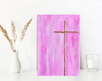 Pink Cross Painting: Textured Religious Artwork, Baptism Gift