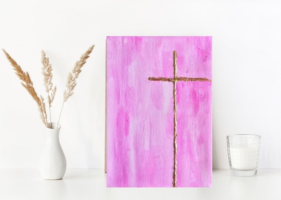 Pink Cross Painting: Textured Religious Artwork, Baptism Gift
