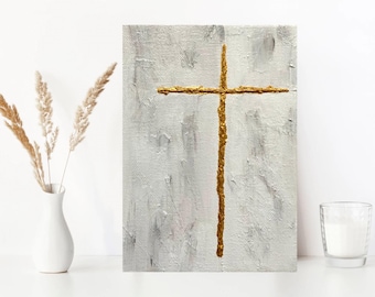 Textured Gold Cross Painting: Religious Gift, Baptism Gift