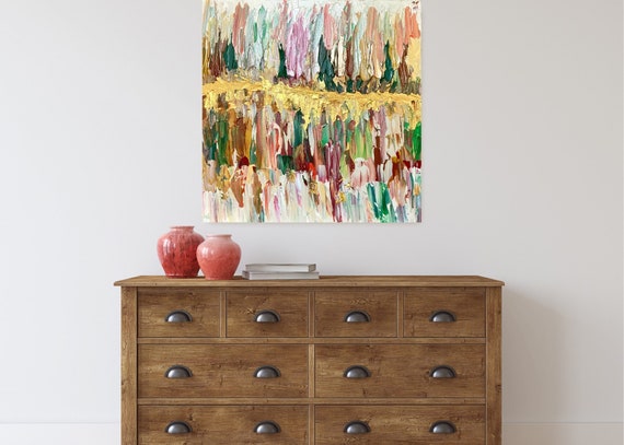 Textured Abstract Impasto Painting: Red, Green & Gold Canvas Art (20x20)