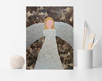 Textured Angel Painting: Silver Wings, Religious Wall Art