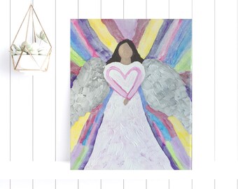 Angel Painting: Colorful Religious Artwork, Baptism Gift (8x10)