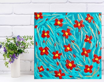 Textured Flower Painting, Turquoise Painting, Canvas Wall Art, Wall Decor, Home Decor, Abstract Painting, Red Flowers, Gift for Her