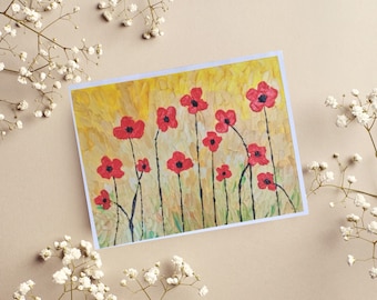 May include: A painting of red poppies on a yellow background. The poppies are painted in a textured style, giving the painting a three-dimensional look.