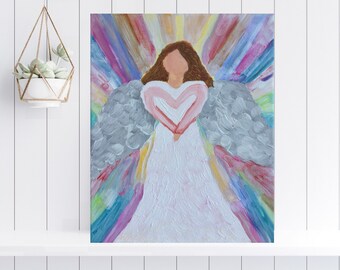 Angel Painting: Colorful Religious Artwork on Canvas (8x10)