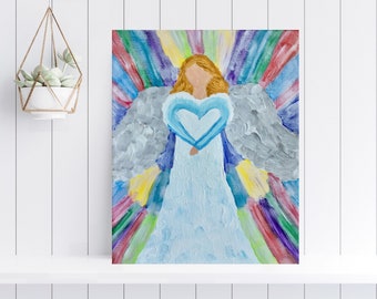 Angel Acrylic Painting: Silver Wings, Religious Nursery Art (8x10)