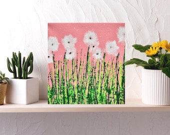 Textured Dandelion Painting: Coral Botanical Landscape Artwork