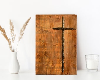 Textured Cross Painting: Metallic Brown Religious Home Decor (5x7)