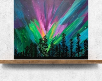 Original Northern Lights Painting: Aurora Borealis Acrylic Canvas Art