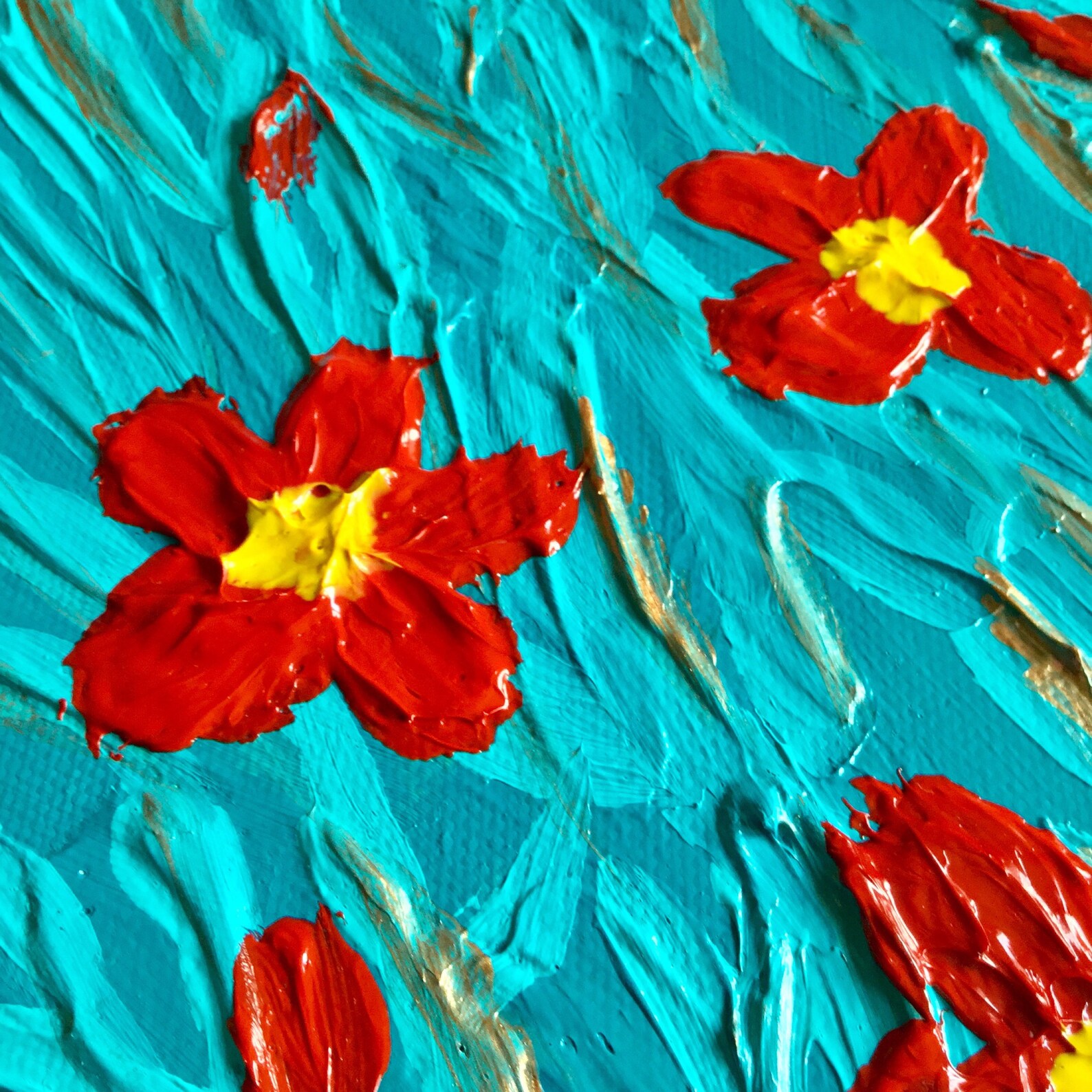 Textured Flower Painting Turquoise Painting Canvas Wall Art Etsy