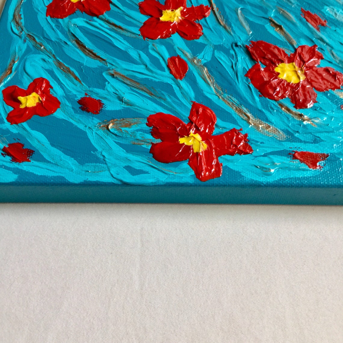Textured Flower Painting Turquoise Painting Canvas Wall Art Etsy