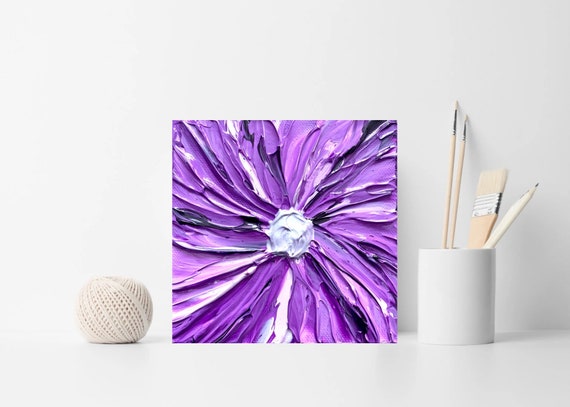 3D Flower Painting: Impasto Textured Purple Floral Artwork (5x5 canvas)