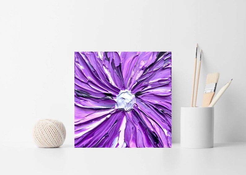 3D Flower Painting: Impasto Textured Purple Floral Artwork (5x5 canvas) bild 1